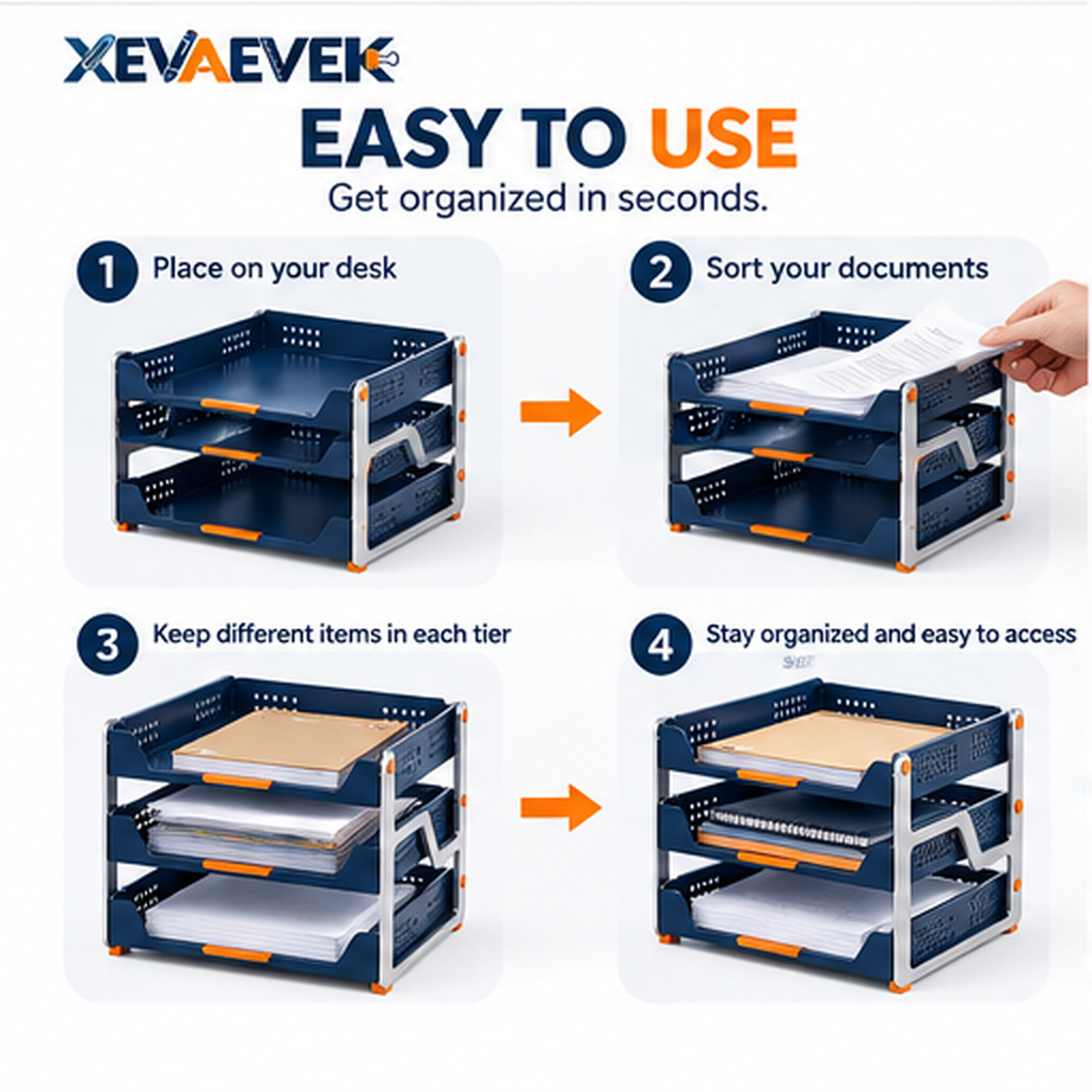 XEVAEVEK 3-Tier Desktop File Tray – Multi-Level Paper Organizer, Office Desk Document Holder & Letter Tray for Folders, Printouts, Notebooks, Mail and Home Office