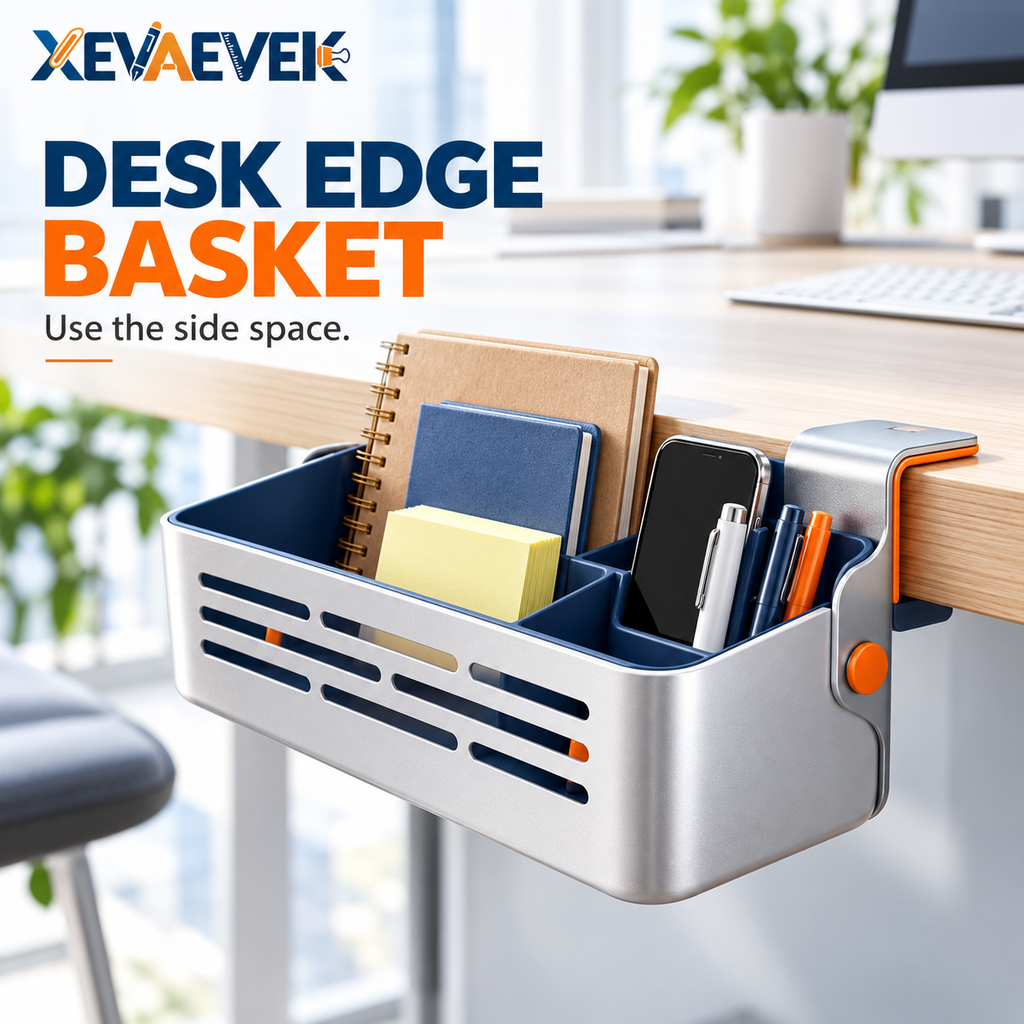 XEVAEVEK Desk Edge Basket – Clamp-On Hanging Desk Organizer, Side Storage Caddy for Notebooks, Sticky Notes, Phone, Pens & Office Supplies