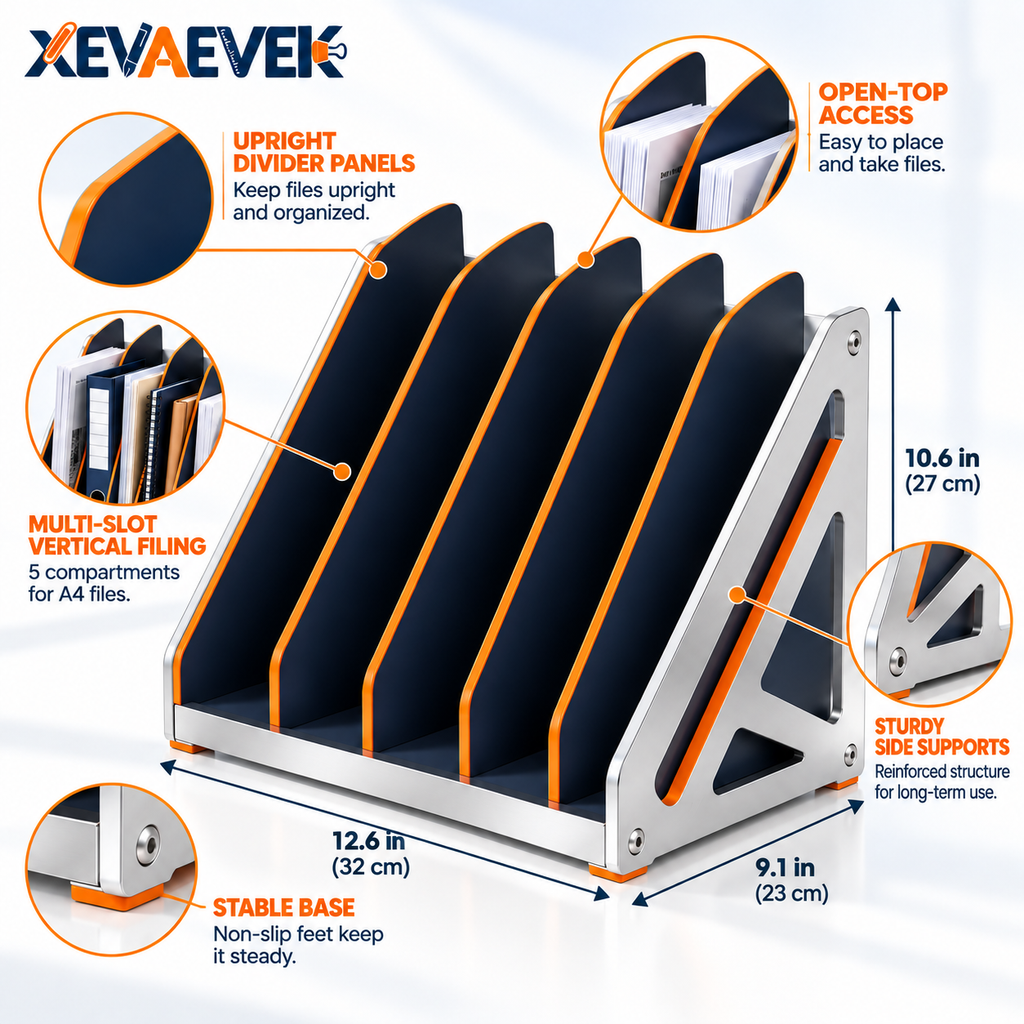 XEVAEVEK A4 File Divider – Vertical Desktop File Organizer, Multi-Slot Document Sorter & Folder Holder for Papers, Notebooks, Planners, Reports and Office Files