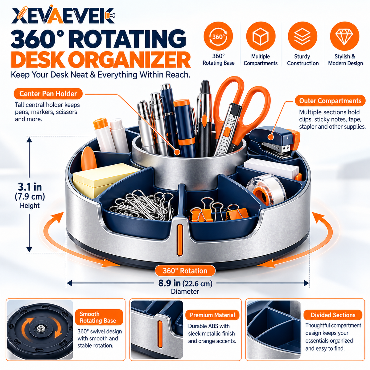 XEVAEVEK 360° Rotating Desk Organizer – Spinning Office Supply Caddy, Desktop Carousel Organizer & Pen Holder for Pens, Sticky Notes, Clips, Tape, Cards and Small Desk Accessories