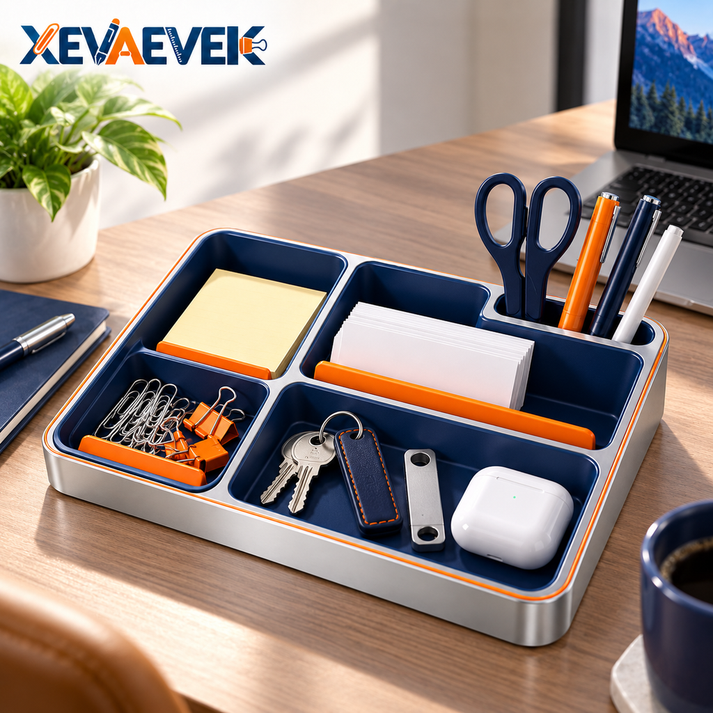XEVAEVEK Sectioned Desk Tray – Multi-Compartment Desktop Organizer & Office Valet Tray for Phone, Sticky Notes, Business Cards, Pens, Paper Clips, Keys and Small Accessories