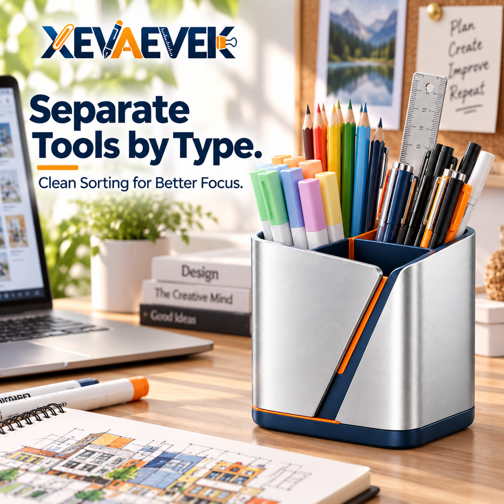 XEVAEVEK Multi-Compartment Pen Holder – Desktop Pencil Cup, Office Desk Organizer, Marker & Pen Storage Caddy for Pens, Pencils, Highlighters and Rulers