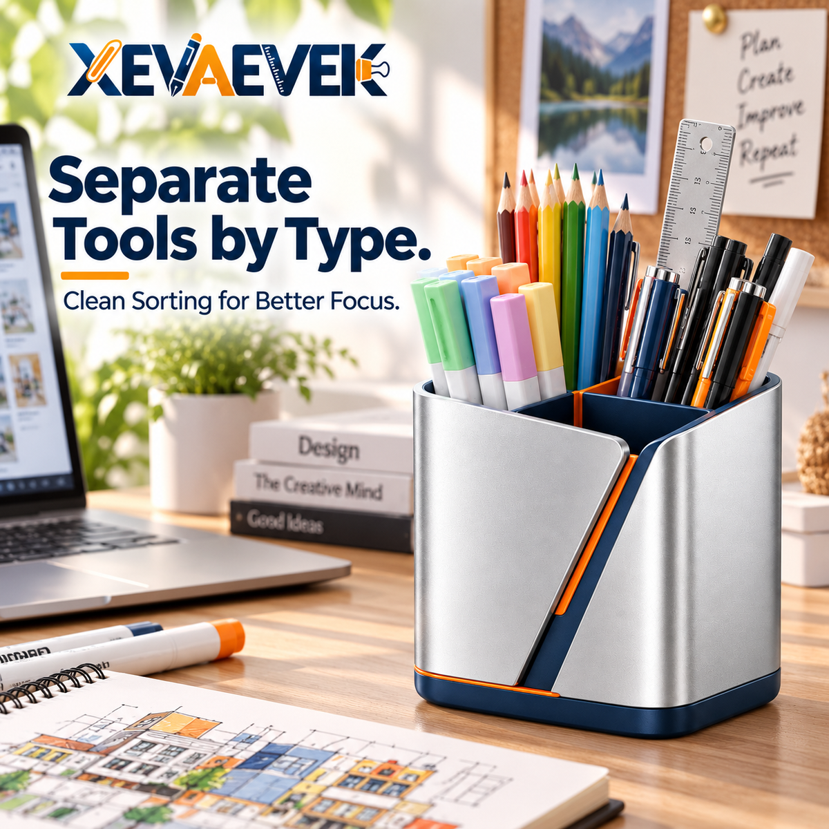 XEVAEVEK Multi-Compartment Pen Holder – Desktop Pencil Cup, Office Desk Organizer, Marker & Pen Storage Caddy for Pens, Pencils, Highlighters and Rulers